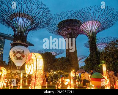 Beleuchtete Supertrees vertikale Gärten bei Nacht in Gardens by the Bay Singapore Stockfoto