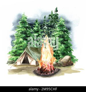 Lagerfeuer und Wanderzelt im Wald. Campingkonzept, handgezeichnete Aquarellzeichnung isoliert auf weißem Hintergrund Stockfoto