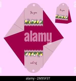 Vorlage für Geschenkverpackung. Geschenk für den Frauentag. Schneiden Sie die Verpackungsschablone aus, und falten Sie sie. Magentafarbene Farbe mit Blumen. Vektor-isolierte Darstellung Stock Vektor