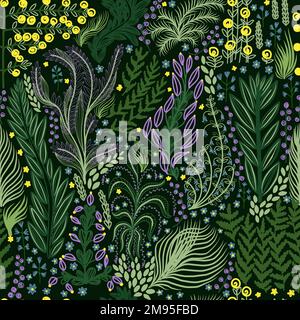 Waldkräuter und -Blumen mit nahtlosem Muster. Wildpflanzenmuster. Dunkelgrüner Hintergrund. Kleine handgezeichnete Blumen Stock Vektor