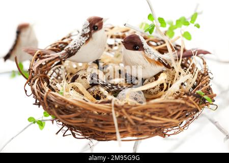 Dekorative kleine Vögel, Wachteleier und Vogelfedern in einem Osternest. Osterkomposition für Frühjahrsferien. Stockfoto