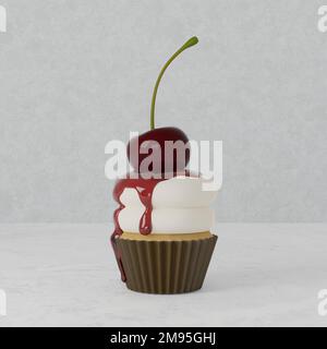 3D-Rendering: Nahaufnahme-Vanille-Cupcake-Schlagsahne mit Kirsche, Single-Makro-Cupcake Stockfoto