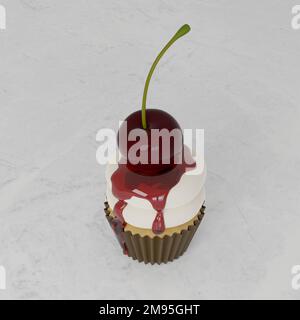3D-Rendering: Nahaufnahme-Vanille-Cupcake-Schlagsahne mit Kirsche, Single-Makro-Cupcake Stockfoto