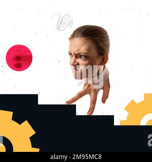 Unberechenbare Person im Geschäftsprozess. Zeitgenössische Kunstcollage mit dem Kopf einer Frau an der menschlichen Hand statt Körper und Beine wie eine Geschäftsfrau, eine Mitarbeiterin Stockfoto