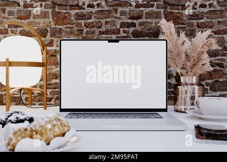 Eleganter Arbeitsplatz, Laptop-Modell, Croissants und Kaffee, Pflanzen zu Hause oder im Studio. Vorlage, 3D-Rendering Stockfoto