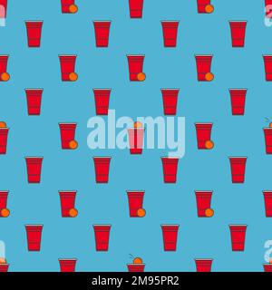 Bierpong mit nahtlosem Muster. Rote Plastikbecher auf blauem Hintergrund. Berühmtes amerikanisches Party-Trinkspiel. Vektorhintergrund Stock Vektor
