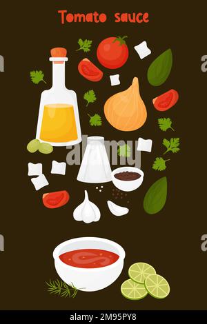 Tomatensoße. Rezept mit Füllzutaten. Vektordarstellung. Vertikales Poster auf schwarzem Hintergrund im Cartoon-Stil Stock Vektor