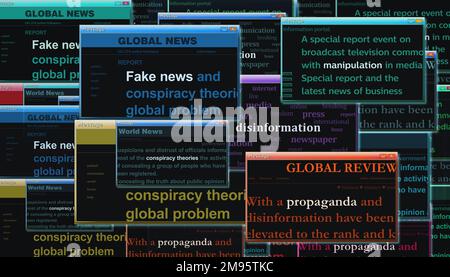 Falsche Nachrichtenpropaganda Verschwörungstheorien Desinformationsmanipulation. Schlagzeilen Titel Internationale Medien abstraktes Konzept 3D Illustration. Stockfoto