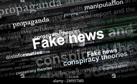 Falsche Nachrichtenpropaganda Verschwörungstheorien Desinformationsmanipulation. Schlagzeilen Titel Internationale Medien abstraktes Konzept 3D Illustration. Stockfoto