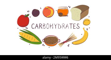 Kohlenhydrathaltige Lebensmittel. Gruppen von gesunden Produkten, die Vitamine und Mineralien enthalten. Obst, Gemüse, Fleisch, Fisch und Milchprodukte Stock Vektor