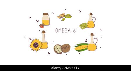 Omega-6-containing food. Groups of healthy products containing vitamins and minerals. Set of fruits, vegetables, meats, fish and dairy. Stock Vektor