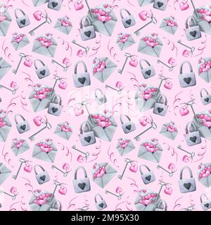 Süße Umschläge mit pinkfarbenen Herzen, grauen Schlüsseln und Schlössern. Aquarelldarstellung. Nahtloses Muster auf pinkfarbenem Hintergrund vom VALENTINSTAG Stockfoto