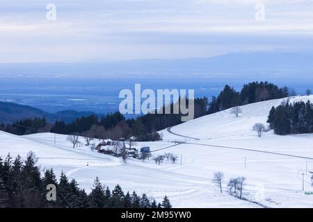 Freiburg, Deutschland. 17. Januar 2023. Schnee liegt um eine Farm, während das schneefreie Rheintal im Hintergrund zu sehen ist. In den letzten Tagen waren einige Zentimeter Schnee gefallen, und Meteorologen zufolge wird in den nächsten Tagen mit mehr Zentimetern Schnee gerechnet. Kredit: Philipp von Ditfurth/dpa/Alamy Live News Stockfoto