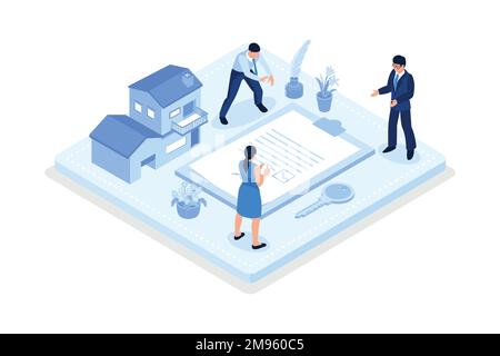 Hypothekenprozess, Zeichen, die Kontakt- und Rechtsdokumente signieren, isometrische Vektordarstellung Stock Vektor