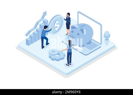 Charaktere, die Finanzberichte analysieren, Geldeinsparungen und Wachstumskonzept für Einlagen, isometrische Vektoren, moderne Illustration Stock Vektor