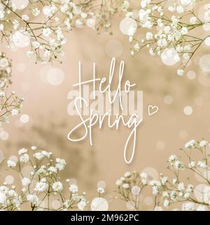 Frühlingskarte mit Zweigen blühender weißer Zigeuner auf beigem Hintergrund mit Bokeh-Effekt und Inschrift Hello Spring. Frühlingszeit Konz Stockfoto