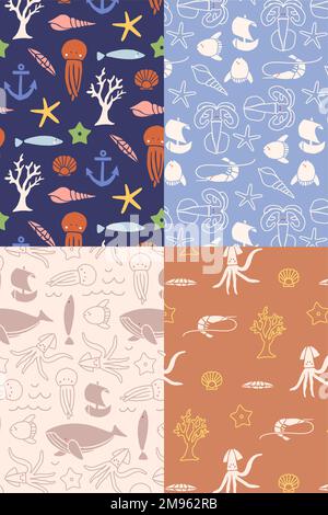 Unterwasser Tiere nahtlose Mustersammlung Vektor Stock Vektor