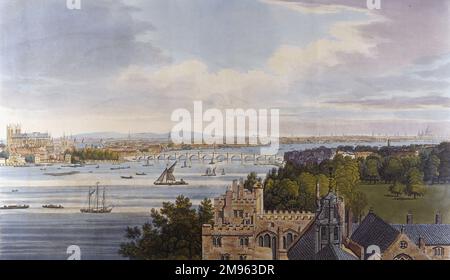 Ein allgemeiner Blick auf London von Lambeth, mit Lambeth Palace im Vordergrund und Westminster Abbey in der Ferne. Stockfoto