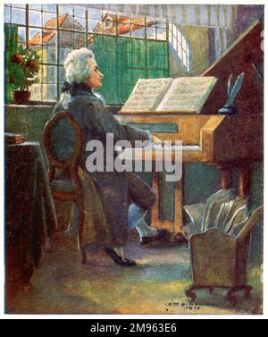 WOLFGANG AMADEUS MOZART (1756-1791), österreichischer Komponist beim Cembalo. Stockfoto