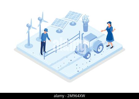 Intelligenter ökologischer Hof mit Windmühlen und Solarmodulen. Nachhaltiges Zukunftskonzept, isometrische Vektordarstellung Stock Vektor
