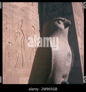 Eine Statue des ägyptischen gottes HORUS, in Form eines Falken vor dem äußeren Pylon des Horus-Tempels Edfu, Ägypten, mit Reliefs von Horus und seiner Frau Hathor Stockfoto