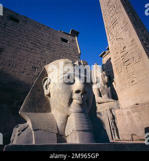Riesenkopf (wahrscheinlich mit RAMSES II) neben dem Obelisken vor dem Pylon des AMUN-RE TEMPELS (Tempel von Luxor), Theben (modernes Luxor) Ägypten. Stockfoto