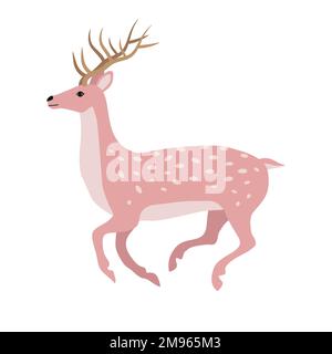 Von Hand gezeichneter Vektor flacher rosa laufender Hirsch isoliert auf weißem Hintergrund Stock Vektor