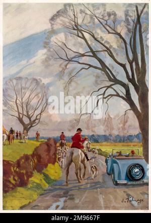 Ein Gemälde von Algernon Talmage (1871-1939) für eine Dunlop-Reifenwerbung, in der ein Paar in einem Cabrio an einem zügigen Herbsttag an einer Jagd vorbeifährt. Stockfoto