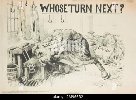 Ein satirischer Cartoon, der das Lizenzgesetz von 1908 kritisiert und Premierminister Asquith zeigt, wie er den Lizenzhandel schlachtet und fragt: "Wer ist als Nächstes dran?" Mit dem Genehmigungsgesetz sollte die Zahl der lizenzierten Räumlichkeiten verringert werden, und die Arbeiterklassen, die dies als Verletzung ihrer Bürgerrechte betrachteten, wurden aufgebracht (das Gesetz wurde eingeführt, um Trunkenheit einzudämmen). Private Gesellschaftsvereine waren inzwischen von Beschränkungen ausgenommen. Stockfoto