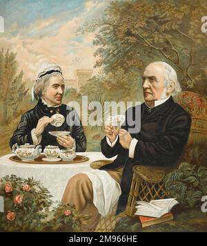 Farbdarstellung von William Ewart Gladstone, englischer liberaler Staatsmann, (1809-98), zusammen mit seiner Frau Catherine Gladstone (1812-1900), Nee Glynne, die Tee im Garten ihres Hauses, Hawarden, genießt. Stockfoto