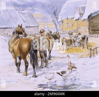 Im Winter wird ein Bauernhof mit einem Bauern veranstaltet, der die Wende an einem Team von vier arbeitenden Pferden überprüft, während Enten, Gänse und Kühe im Hof trinken und füttern. Aquarellmalerei von Malcolm Greensmith Stockfoto