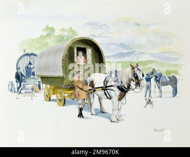 Eine Gruppe von Reisenden und ihre Pferdekarawanen/Wagen. Malerei von Malcolm Greensmith Stockfoto