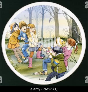 Sechs Kinder spielen ein gemischtes Tauziehen im Wald. Tintenzeichnung mit Aquarellwäsche von Malcolm Greensmith Stockfoto
