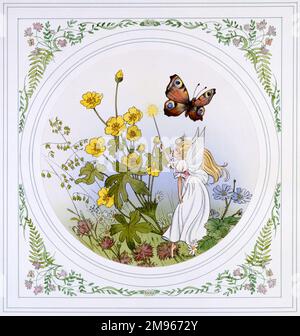 Eine Fantasieszene, in der eine Fee mit ihrem Zauberstab einen Zauberspruch über einem Klumpen Butterblumen ausspricht, während ein Peacock Butterfly friedlich an ihr vorbeifliegt. Malerei von Malcolm Greensmith in einem dekorativen runden Rahmen. Stockfoto