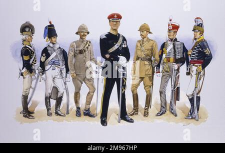 Die sich entwickelnde Uniform der leichten Dragonen. Von links - 13. Light Dragoons 1790, 18. Light Dragoons 1810, 13./18. Royal Hussars (Queen Mary's Own) 1930, The Light Dragoons 1. December 1992, 15./19. King's Royal Hussars 1930, 15. Light Dragoons 1815 und die 19. Light Dragoons 1790. Malerei von Malcolm Greensmith Stockfoto