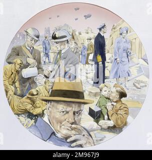 Ein kreisförmiges Gemälde, das verschiedene Aspekte des Blitzes in London darstellt, darunter König George VI. Und Königin Elizabeth, die Bombenschäden untersuchen, Hausmeister, der Tee serviert, ein evakuiertes Kind geküsst wird und Premierminister Winston Churchill, der seine legendäre Entschlossenheit unter Beweis stellt und eine große Zigarre aufpumpt. Malerei von Malcolm Greensmith Stockfoto