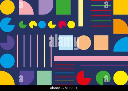 Mehrfarbige geometrische Formen von Kreisen, Quadraten und Streifen auf dunkelblauem Hintergrund. Abstrakter Vektorhintergrund. Stock Vektor