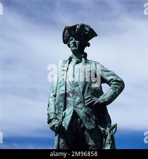 Detail des Denkmals für Captain James Cook in Gisborne, an der Ostküste der Nordinsel, Neuseeland. Das Denkmal wurde 1994 errichtet. Ein Teil der Inschrift lautet: 'Hier am 9. Und 10. Oktober, 1769. Koch ging mit Männern aus HM Bark Endeavour auf der Suche nach frischem Essen und Wasser. In der Nähe auf dem Flussfelsen Toka-a-Taiau begrüßten sich Maori-Häuptling und Engländer. Als traditionelle Herausforderungen missverstanden wurden, wurden Maori getötet, das Schiff segelte ohne Vorsorge, und so erhielt Poverty Bay seinen Namen. Von hier aus umzingelte die Endeavour Neuseeland und Cook plante die Tanne Stockfoto