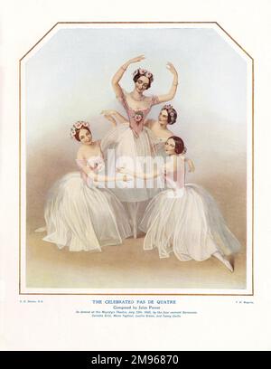 Vier Ballerinas, die auf einem Notenblatt abgebildet sind und am 12. Juli 1845 im her Majesty's Theatre in London den gefeierten Pas de Quatre aufführen, komponiert von Jules Perrot. Die Tänzer sind Carlotta Grisi, Marie Taglioni, Lucille Grahn und Fanny Cerito. Stockfoto