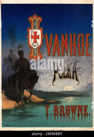 Cover-Design für ein Notenblatt der Ivanhoe Polka von Thomas Browne, das zwei mittelalterliche Reiter in Rüstung am Ufer eines Flusses im Mondlicht zeigt, basierend auf dem Roman von Sir Walter Scott. Stockfoto