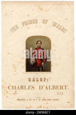 Cover-Design auf einem Notenblatt mit dem Prince of Wales Galop von Charles d'Albert. Der Prinz von Wales (später Edward VII) selbst wird in zeremonieller Uniform dargestellt, darunter eine rote Militärjacke, ein Schwert und ein Federmütze. Stockfoto
