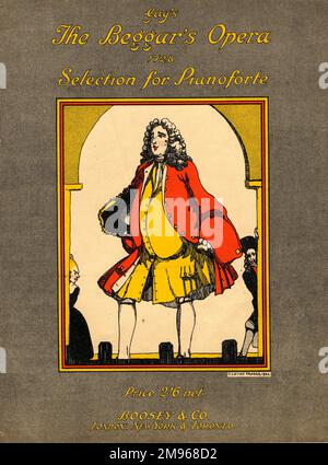 Cover-Design eines Buchs mit Klaviermusik für die Beggar's Opera, von John Gay, erstmals 1728 aufgeführt. Es ist ein dicker Mann des 18. Jahrhunderts dargestellt, der sich vor den Fußlichtern des Theaters verneigt. Stockfoto