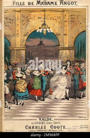 Titelmusik für La Fille de Madame Angot Valse, ein Walzer, der durch die Comic-Oper von Charles Lecocq (1832-1918), La Fille de Madame Angot, beliebt wurde und erstmals 1872 auftrat. Der Walzer aus der Oper wurde hier von Charles Coote arrangiert, wahrscheinlich für Klavier (Solo und Duett). Eine farbenfroh gekleidete Menschenmenge wird dargestellt, die auf der Bühne herumtanzt -- einige von ihnen sind Hussars in Uniform. Die Oper wurde Ende 1790er, kurz nach der Französischen Revolution, aufgelegt. Stockfoto