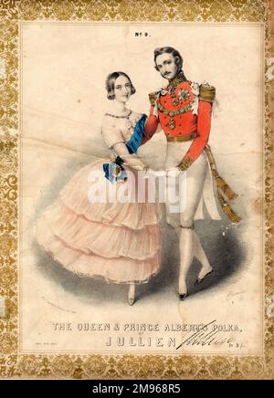 Musikcover für die Queen and Prince Albert's Polka von Louis Antoine Jullien (1812-1860). Victoria und Albert werden zu Beginn ihrer Ehe dargestellt und wenden sich dem Zuschauer zu, während er die Polka tanzt. Er trägt rot-weiß-goldene Uniform mit einer Kette und mehreren Medaillen. Sie trägt ein blassrosa Chiffonkleid mit einer hellblauen Schärpe. Stockfoto