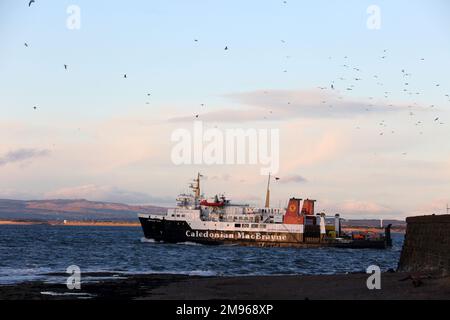 Troon, Ayrshire, Schottland, Großbritannien. MV Hebridische Inseln, Abfahrt von Troon für eine nicht standardmäßige Segeltour nach Arran. Zweimal täglich nur Fracht von Troon, um Platz auf dem Ardrossan-Boot zu schaffen. Das Schiff HEBRIDEN INSELN ist ein Passagier-/Ro-Ro-Frachtschiff, das 1985 gebaut wurde (38 Jahre alt) und derzeit unter der Flagge des Vereinigten Königreichs (UK) fährt. Stockfoto