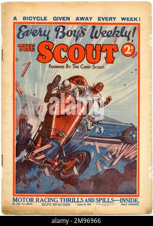 Titelseite des Scout Magazins mit einem ziemlich katastrophalen Motorradrennen, mit mehr „Motorrennen-Nervenkitzel und Spills“, die im Inneren versprochen wurden. Stockfoto