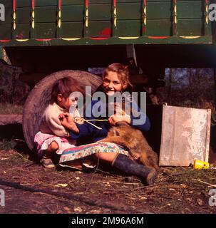 Zwei junge Zigeunerinnen, die mit einem Hund in einem Lager in der Newdigate Gegend von Charlwood, Surrey, spielen. Sie sitzen auf dem Boden an der Seite ihres Wohnwagens. Stockfoto