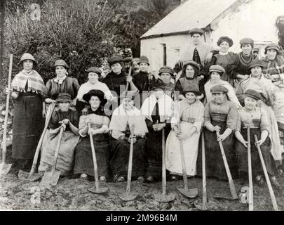 Eine Gruppe von zwanzig walisischen Straßenbauerinnen in Pembrokeshire, Dyfed, Südwales, die ihre Pik in der Hand halten. Sie bauten 1903-4 die Straße nach Hook, um den Transport zur Grube zu erleichtern. Sie arbeiteten auch in der Grube selbst und sammelten „Boughs“, die als Grubenstützen verwendet wurden, für die sie neunzig pro Hundertgewicht erhielten. Stockfoto