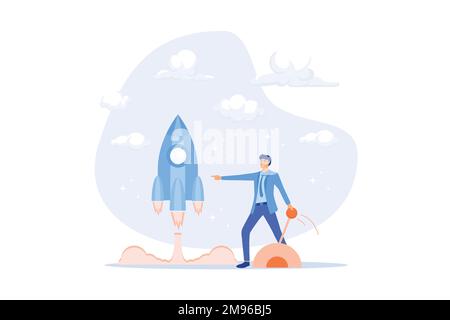 Gründen Sie Ihr eigenes Unternehmen, starten Sie eine Erfolgsrakete oder einen Unternehmer, starten Sie ein Startprojekt oder fördern Sie das Unternehmenswachstum, erfinden Sie das Konzept, flacher Vektor, moderne Illustration Stock Vektor