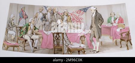 USA - Unterzeichnung der Unabhängigkeitserklärung durch die Gründerväter der Vereinigten Staaten von Amerika am 4. Juli 1776. Stockfoto